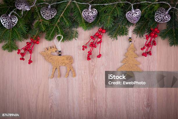 Christmas Ornaments With Holly Pine Tree And Hearts Stock Photo - Download Image Now