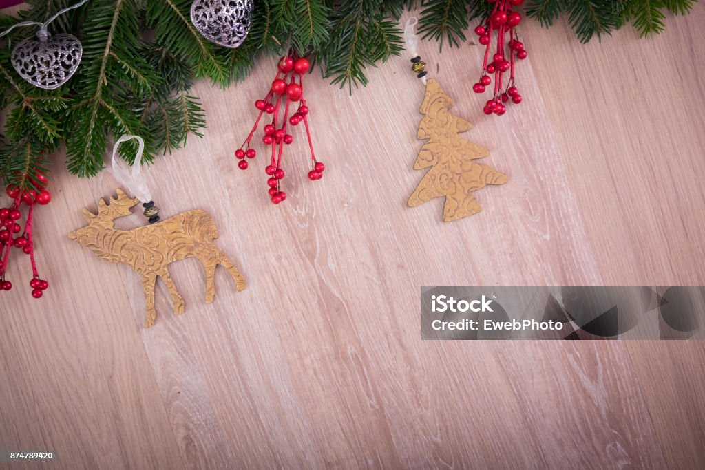 Christmas ornaments with holly, pine tree and hearts Advent Stock Photo