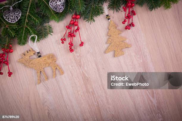 Christmas Ornaments With Holly Pine Tree And Hearts Stock Photo - Download Image Now