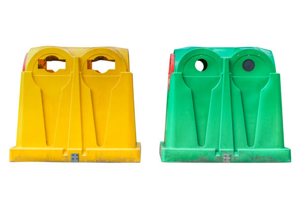 image of green and yellow garbage containers isolated on white background