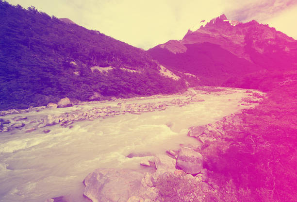 Stream from melting glaciers in Andes mountains (Cerro Fitzroy, Cerro Chaltel, Chalten, Monte Fitz Roy). Patagonia, Argentina, Chile, Andes