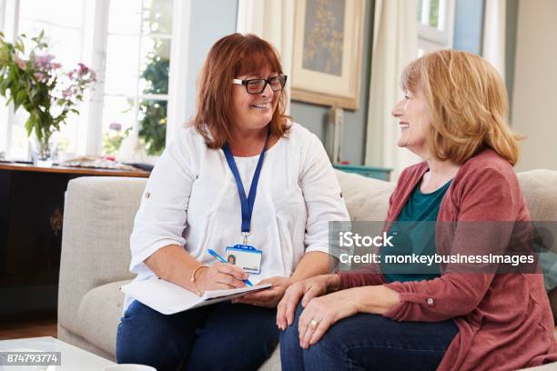 Female Support Worker Visits Senior Woman At Home Stock Photo - Download Image Now - Social Services, Social Worker, Healthcare And Medicine