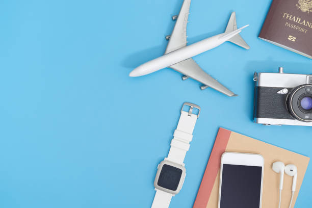 istock Travel blogger object on blue copy space for travel concept 874795948