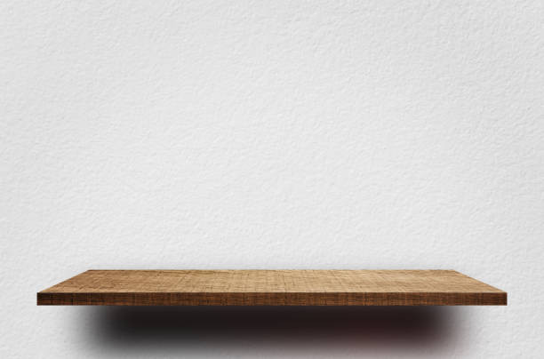 istock Empty wooden shelves with white cement wall for product display 874799558