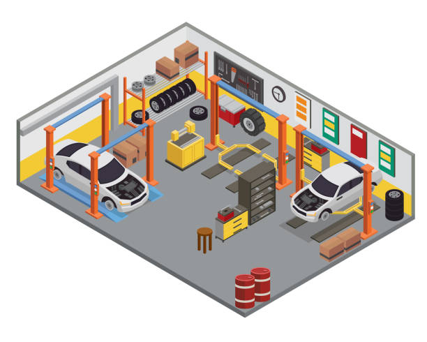 desain interior garasi bengkel mobil isometrik modern - tyre garage ilustrasi stok