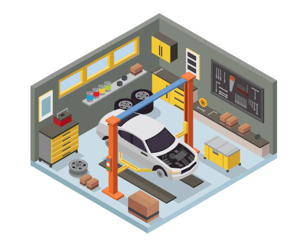 Modern Isometric Car Workshop Garage Interior Design Modern Isometric Car Workshop Garage Interior Design in isometric view. garage clipart stock illustrations