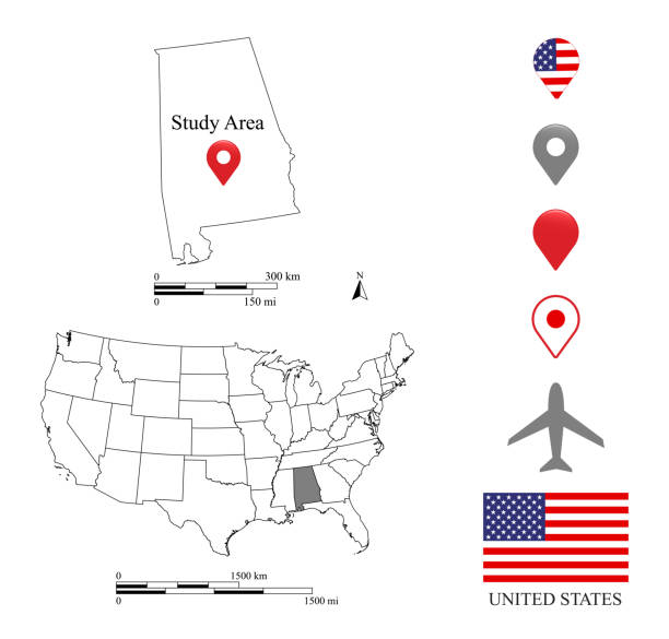 istock USA map scale vector outline illustration background. Alabama map scales of miles and kilometers and United States flag and navigation symbols. A creative map for educational purposes 874800658