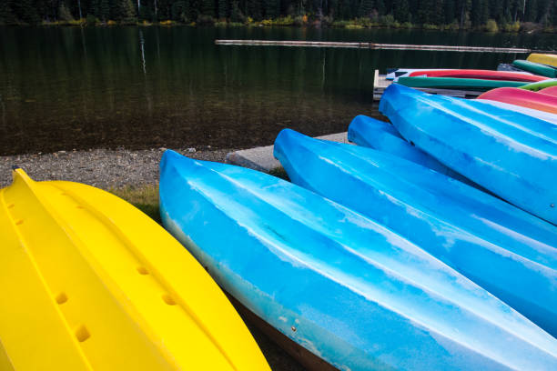 istock Beautiful and colorful kayaks in rows on a lake 874800924