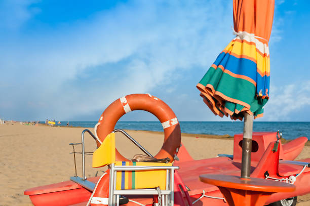 istock Lifeguard tools, umbrella,lifebuoy and rescue boat. 874801086