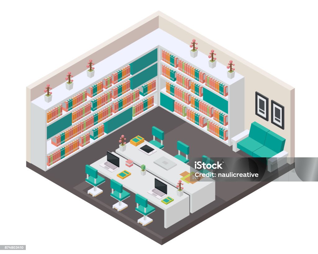 Modern Isometric Book Library Interior Design Stock Illustration ...