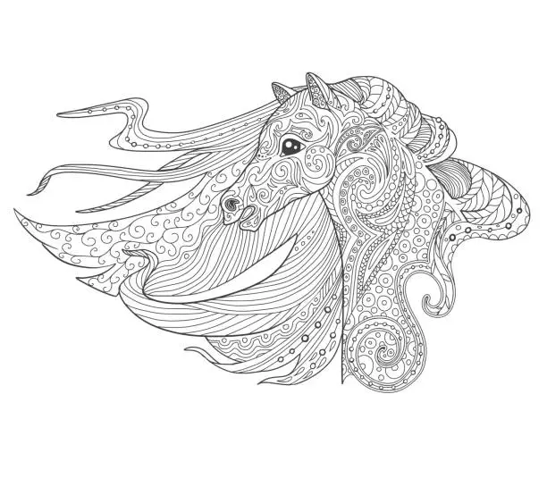 Vector illustration of Horse head page for adult coloring book. Animal hand drawn doodle vector illustration.