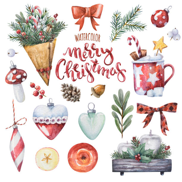 illustrazioni stock, clip art, cartoni animati e icone di tendenza di serie di dettagli di natale - gift apple ribbon fruit