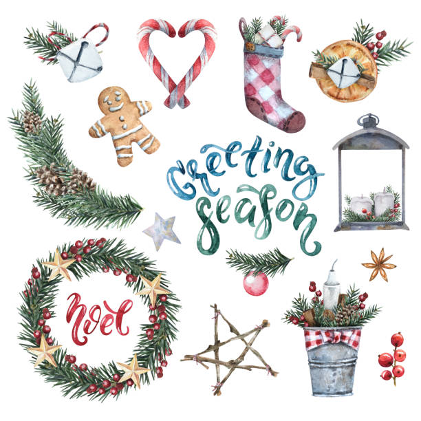 season greeting Watercolor Merry Christmas set of traditional decor and elements. Spices, decoration, cookies, gifts and plants. Elements of a Christmas mood on a white background. watercolor lantern set stock illustrations