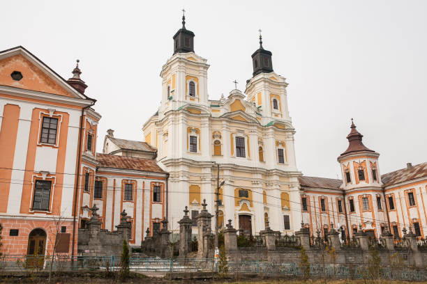 Czechoslovak Army Square with baroque church in Terezin fortress town, Czech Republic, black and white image