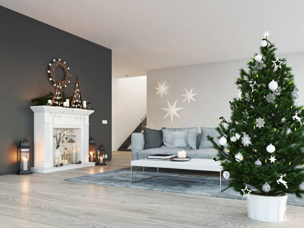 istock 3d rendering. home with fireplace in modern apartment. christmas decoration. 874811266