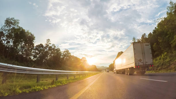 Driving West on Interstate Highway 40 through Appalachian Mountains. stock photo