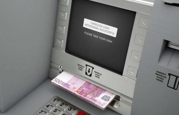Atm Cardless Cash Withdrawal A generic atm facade where the screen indicates that a cardless cash withdrawel has been made and the euro notes are coming out the cash slot - 3D render Conventional/Bank ATM stock pictures, royalty-free photos & images