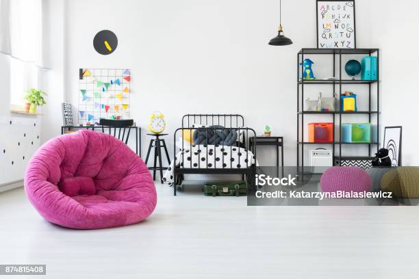 Pink Pouf In Kids Room Stock Photo - Download Image Now - Child, Bedroom, No People