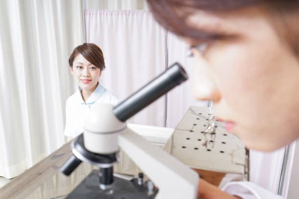 médecin, observant dans un microscope et une infirmière - biotechnology student laboratory nurse photos et images de collection