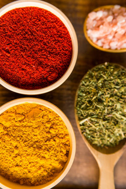 istock Various colorful herbs and spices on wooden table 874818766