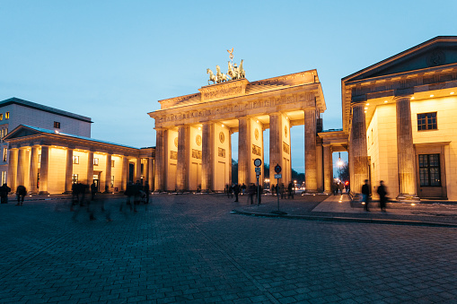 Brandenburg Gate illuminated at night, Berlin, Gemany