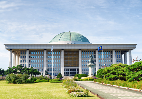 The National Assembly Proceeding Hall at Seoul in the Republic of Korea. The South Korean capitol building serves as the location of the legislative branch of the South Korean national government