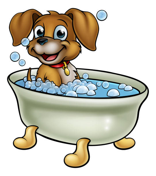 ilustrações de stock, clip art, desenhos animados e ícones de dog in the bath cartoon - dog bathtub washing puppy