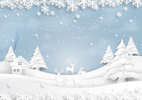 Deers joyful on snow and winter season with urban landscape background paper art style for merry christmas and happy new year.Vector illustration.