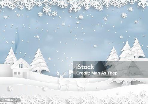 istock Deers joyful on snow and winter season with urban landscape paper art style 874837432