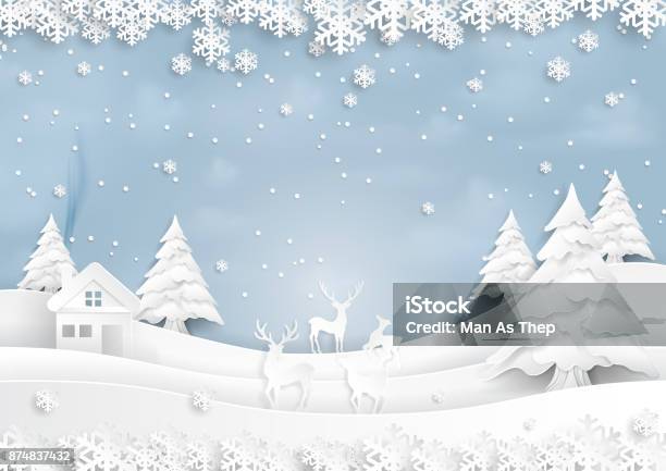 Deers Joyful On Snow And Winter Season With Urban Landscape Paper Art Style Stock Illustration - Download Image Now