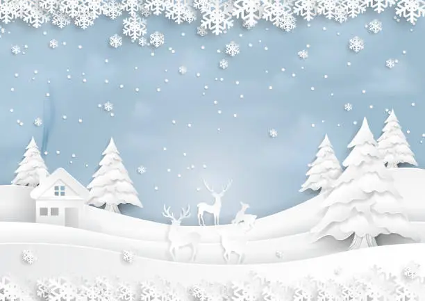 Vector illustration of Deers joyful on snow and winter season with urban landscape paper art style