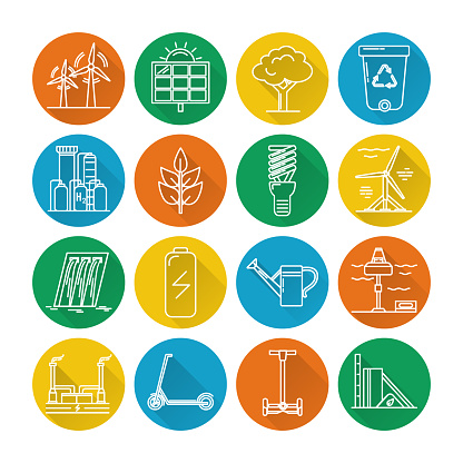 Collection of energy and ecology round icons in thin line style. Renewable energy sources, ecology transport and objects in linear symbols with long shadow.