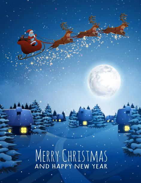 聖誕老人在鹿飛行雪橇與馴鹿。聖誕景觀雪冷杉樹在晚上和大月亮。問候語或郵政卡的概念. 卡通風格的背景向量插圖 - santa claus 幅插畫檔、美工圖案、卡通及圖標