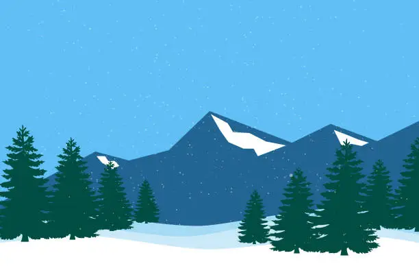 Vector illustration of Landscape forest woods with mountains in winter season. New Year and Christmas.