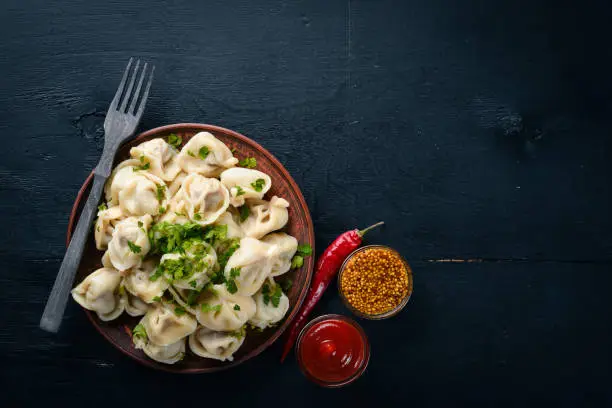 Italian ravioli in the plate on the dark background