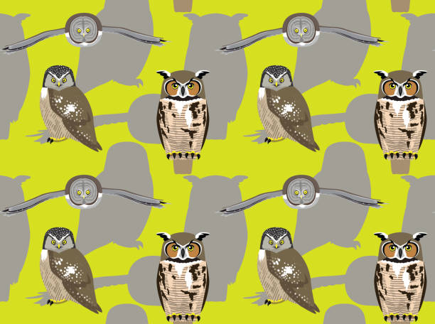 ilustrações, clipart, desenhos animados e ícones de coruja americano cartoon wallpaper sem emenda - northern hawk owl