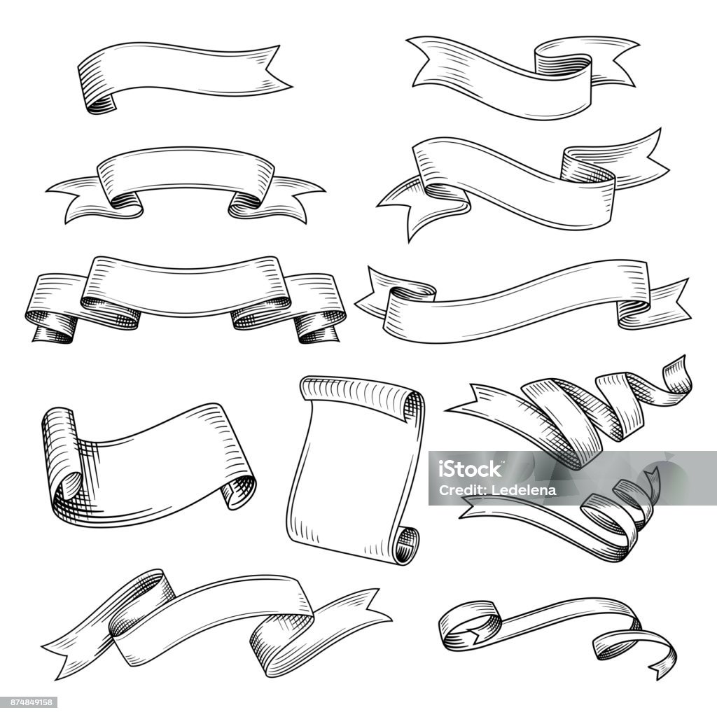 Set of different ribbons Hand drawn set of different ribbons. Design elements for greeting cards, banners, invitations. Sketch, vector illustration. Banner - Sign stock vector