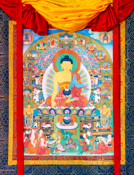 buddhist thangka - a tibetan buddhist painting on cotton, or silk applique - in a monastery in gangtok, sikkim, india - tanka imagens e fotografias de stock