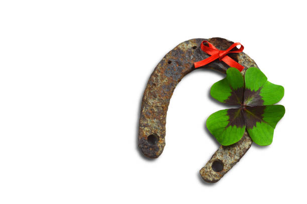 istock Horseshoe and lucky clover isolated on white background 874852098