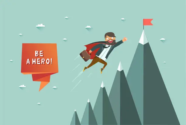 Vector illustration of Office superman flying to achieve his goal. Leadership concept.
