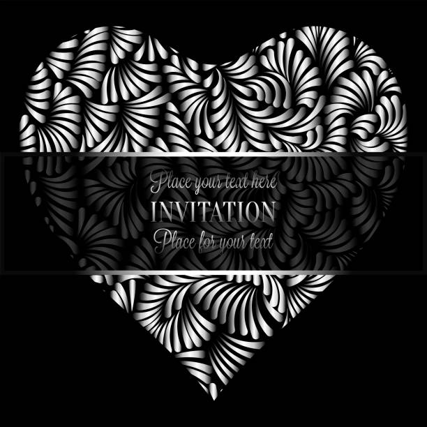 istock Romantic background with antique, luxury black and silver vintage frame, victorian banner, heart made of feathers wallpaper ornaments, invitation card, baroque style booklet, fashion pattern 874859764