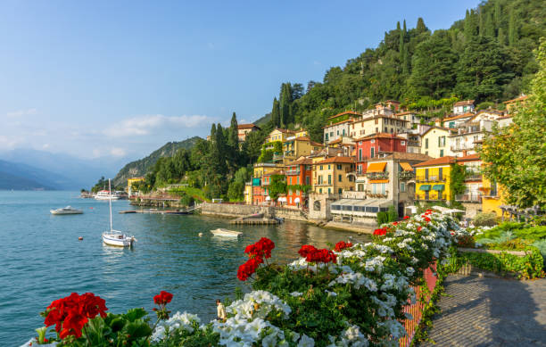 Flowers at Varenna, Lake Como, Italy small town at Lake Como, Italy lake como photos stock pictures, royalty-free photos & images