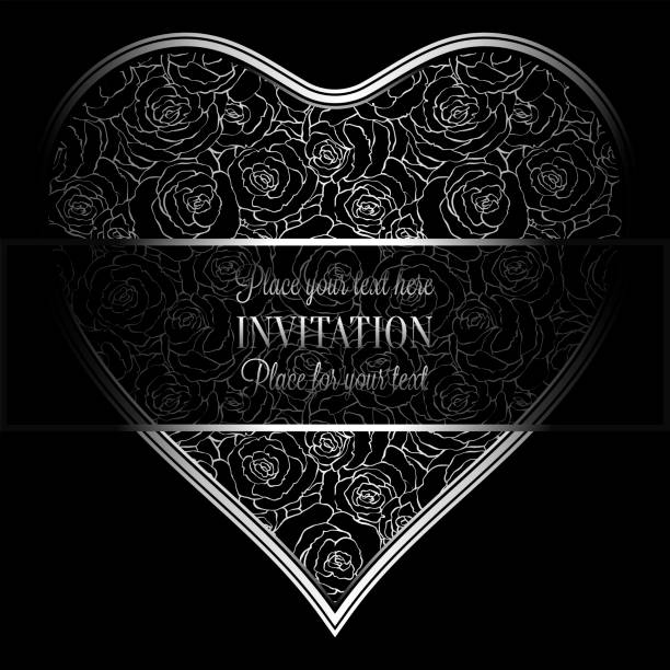istock Romantic background with antique, luxury black and silver vintage frame, victorian banner, heart made of roses wallpaper ornaments, invitation card, baroque style booklet, fashion pattern 874860088