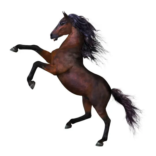 3D render of a beautiful rearing horse with a long mane and tail in a heraldic pose.