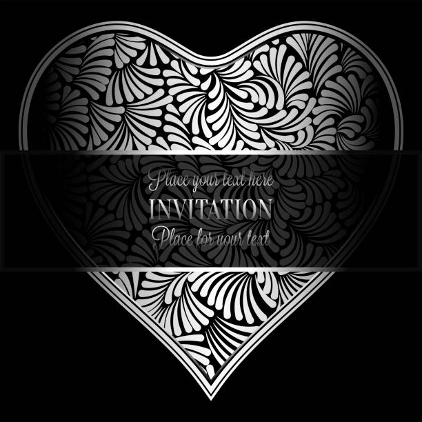 istock Romantic background with antique, luxury black and silver vintage frame, victorian banner, heart made of feathers wallpaper ornaments, invitation card, baroque style booklet, fashion pattern 874862942