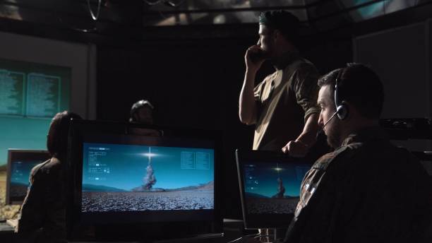 Soldiers in communications center launching missile