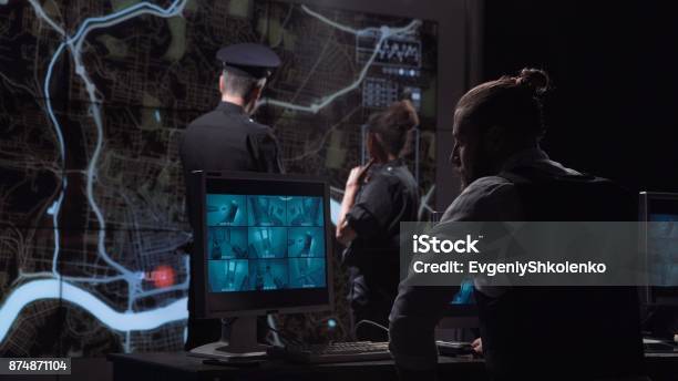 Policemen Chasing Gang From Surveillance Office Stock Photo - Download Image Now - Military, Control, Police Force