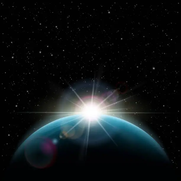 Vector illustration of Sunrise stars the sun over the planet earth