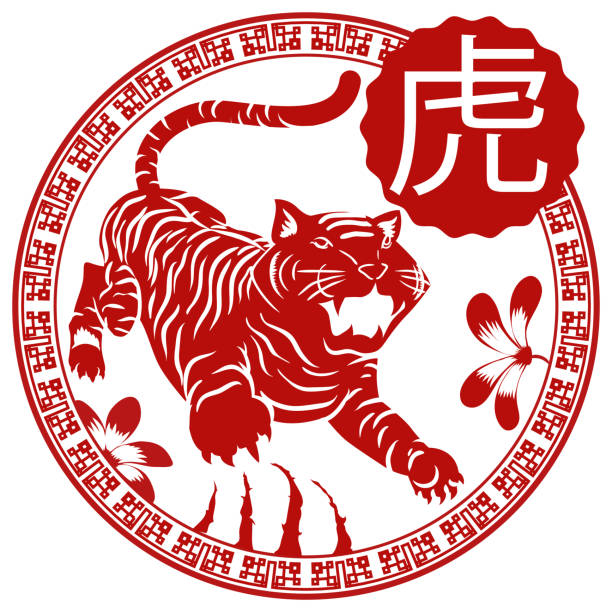 ilustrações de stock, clip art, desenhos animados e ícones de floral design and scratch in button with chinese zodiac tiger - flower china frame chinese culture