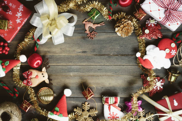 istock Christmas Xmas New Year holiday background with empty space for your text and various festive decorations vintage retro tone.  Top view with copy space 874896048